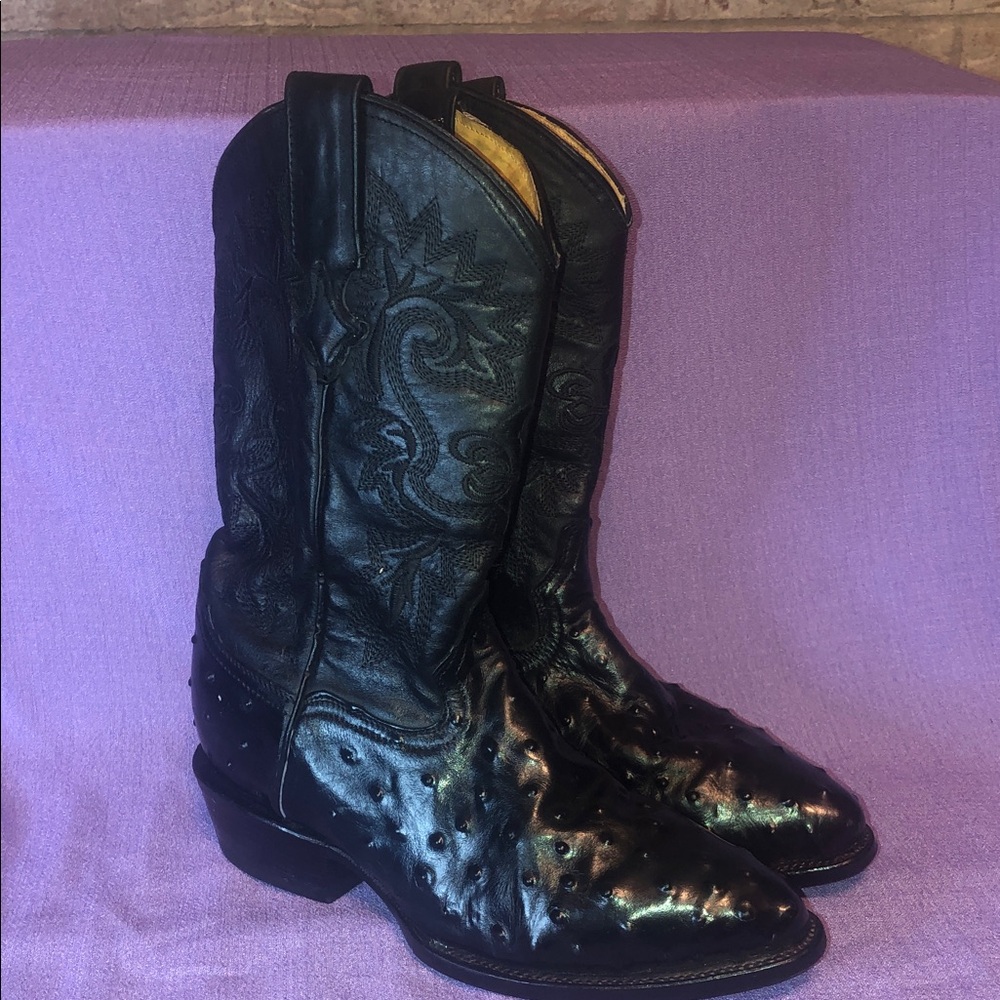 Used La Sierra y Carreta Ostrich Print Boots Size 8.5 Women’s, 7 Men’s Black